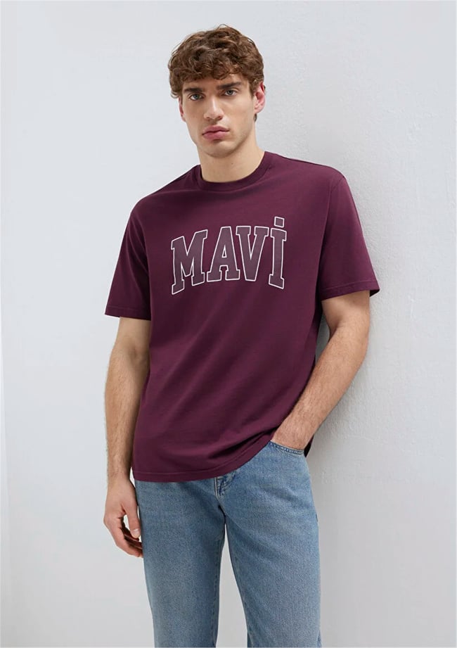 Mavı M0611711-70434 Sarap Bordo Erkek Oversıze Mavı Logo Baskılı T-Shırt