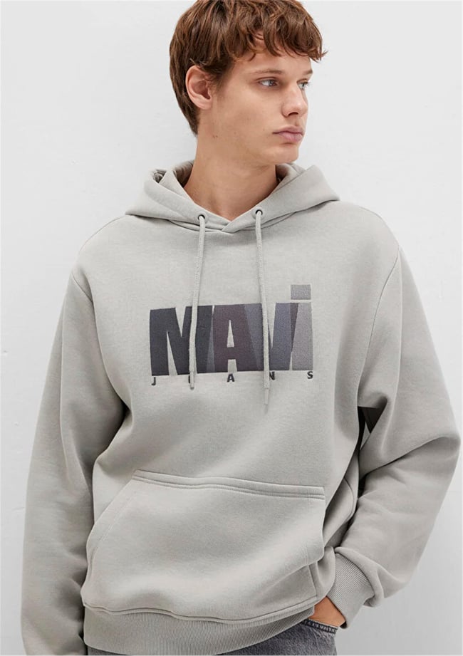 Mavı M0S10199-70093 Mıneral Grı Erkek Mavı Logo Baskılı Kapusonlu Oversıze Sweatshırt