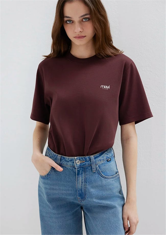 Mavi Y26 M1613804-70223 Karamel Kadın Regular Mavi Logo Baskılı T-shirt