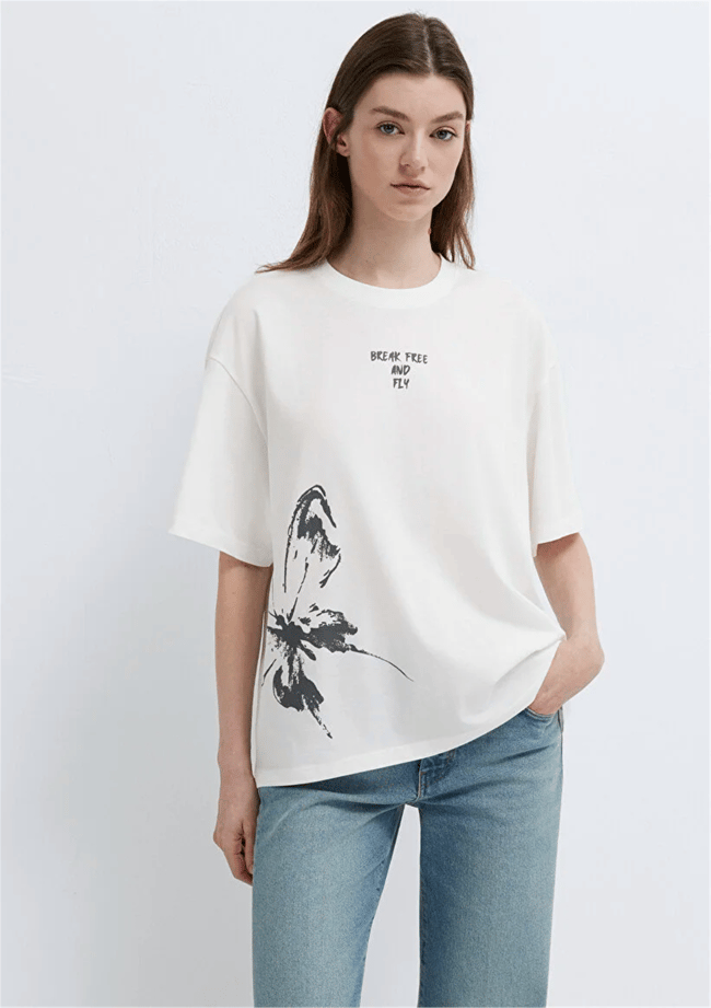 Mavi Y26 M1613872-80194 Hindistan Cevizi Kadın Oversıze Kelebek Baskılı T-shirt