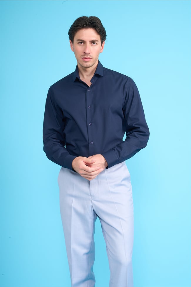 Mentality 2441 Erkek Uzun Kol Slimfit 60/1 Saten Gömlek Koyu Mavi