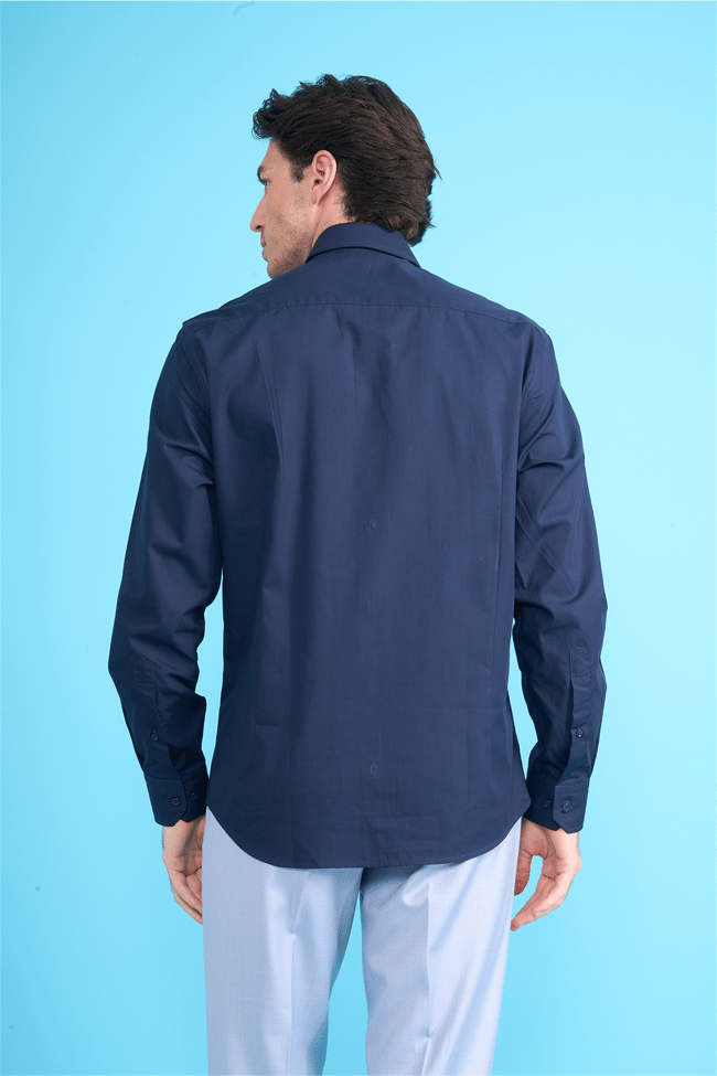 Mentality 2441 Erkek Uzun Kol Slimfit 60/1 Saten Gömlek Koyu Mavi