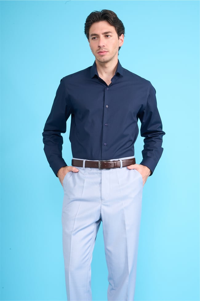 Mentality 2441 Erkek Uzun Kol Slimfit 60/1 Saten Gömlek Koyu Mavi