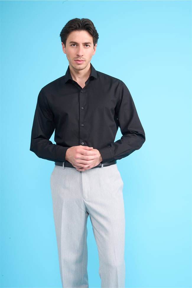 Mentality 2442 Erkek Uzun Kol Slimfit 50/1 Gabardin Gömlek Siyah