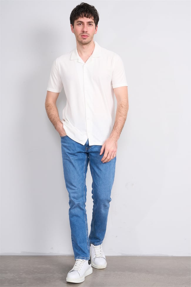 Mentality 4573 Erkek Apaş Yaka Kısa Kol Regular Örme Gömlek Beyaz