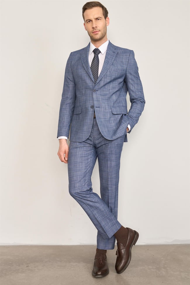 Mentality 9120 Erkek Mono Yaka Slim Fit Takım Elbise Açık Lacivert