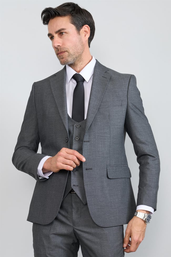 Mentality 9122 Erkek Mono Yaka Slim Fit Yelekli Takım Elbise Koyu Gri