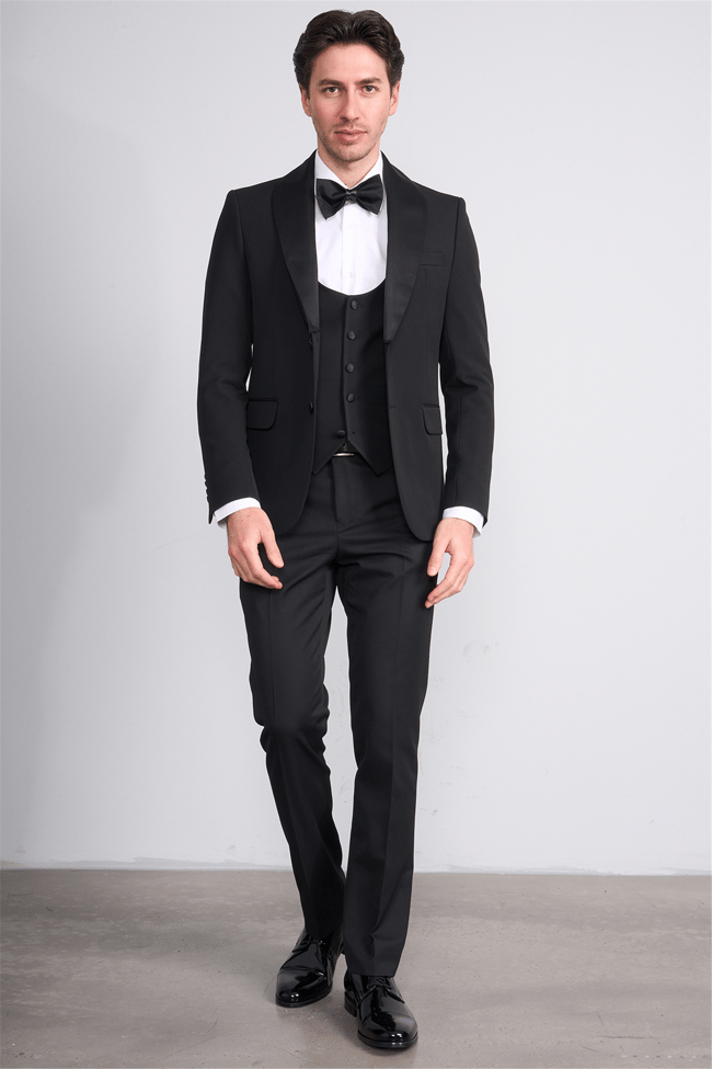 Mentality 9228 Erkek Şal Yaka Slim Fit Loco Yelekli Takım Elbise Siyah