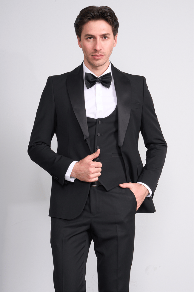 Mentality 9228 Erkek Şal Yaka Slim Fit Loco Yelekli Takım Elbise Siyah