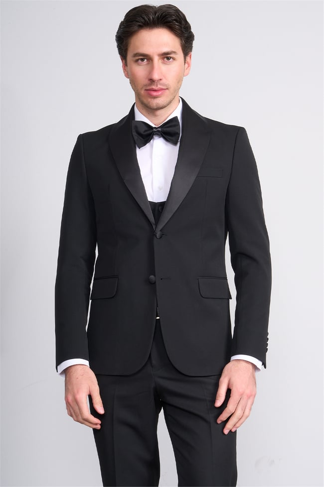 Mentality 9228 Erkek Şal Yaka Slim Fit Loco Yelekli Takım Elbise Siyah
