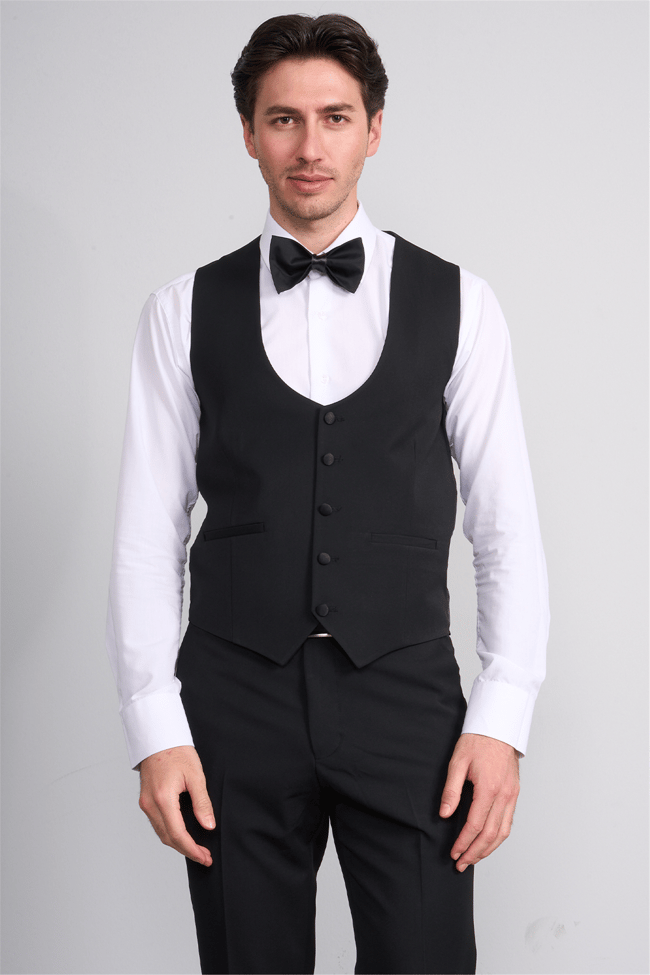 Mentality 9229 Erkek Kırlangıç Yaka Slim Fit Loco Yelekli Takım Elbise Siyah