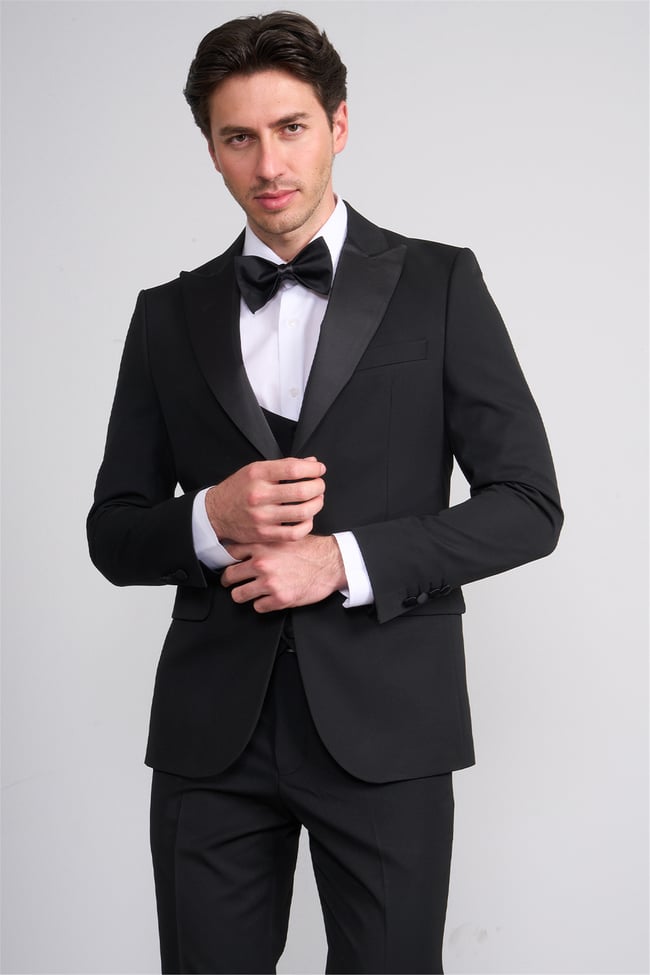 Mentality 9229 Erkek Kırlangıç Yaka Slim Fit Loco Yelekli Takım Elbise Siyah