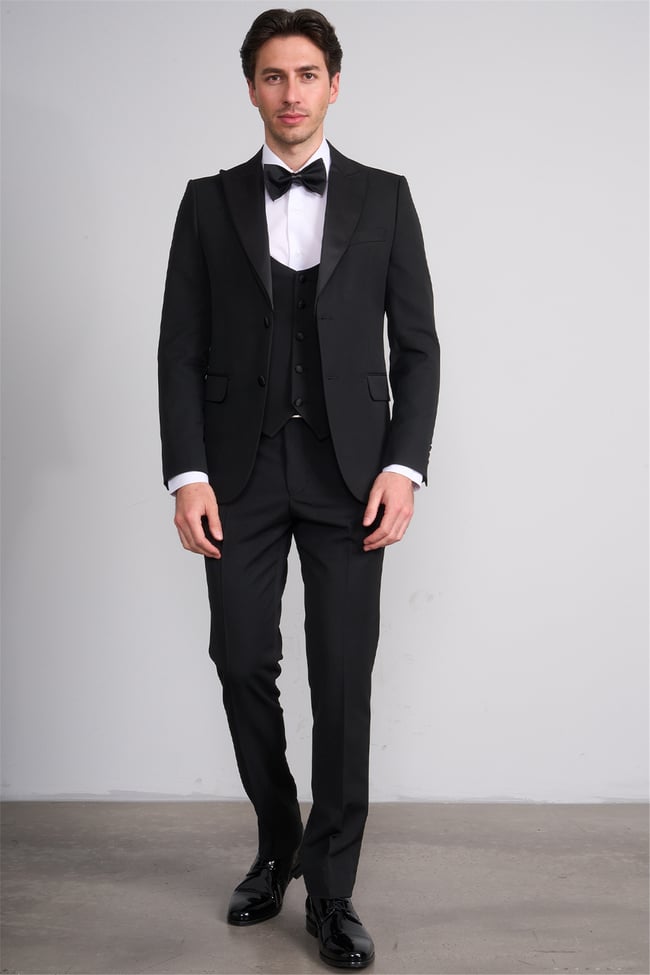 Mentality 9229 Erkek Kırlangıç Yaka Slim Fit Loco Yelekli Takım Elbise Siyah