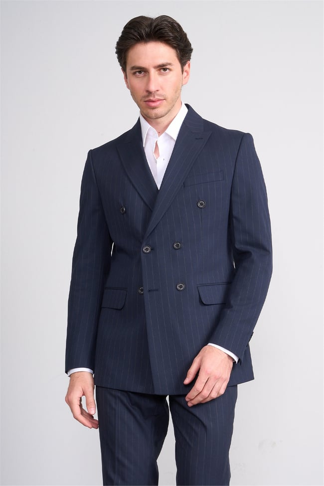 Mentality 9234 Erkek Kırlangıç Yaka Slim Fit Kruvaze Takım Elbise Lacivert
