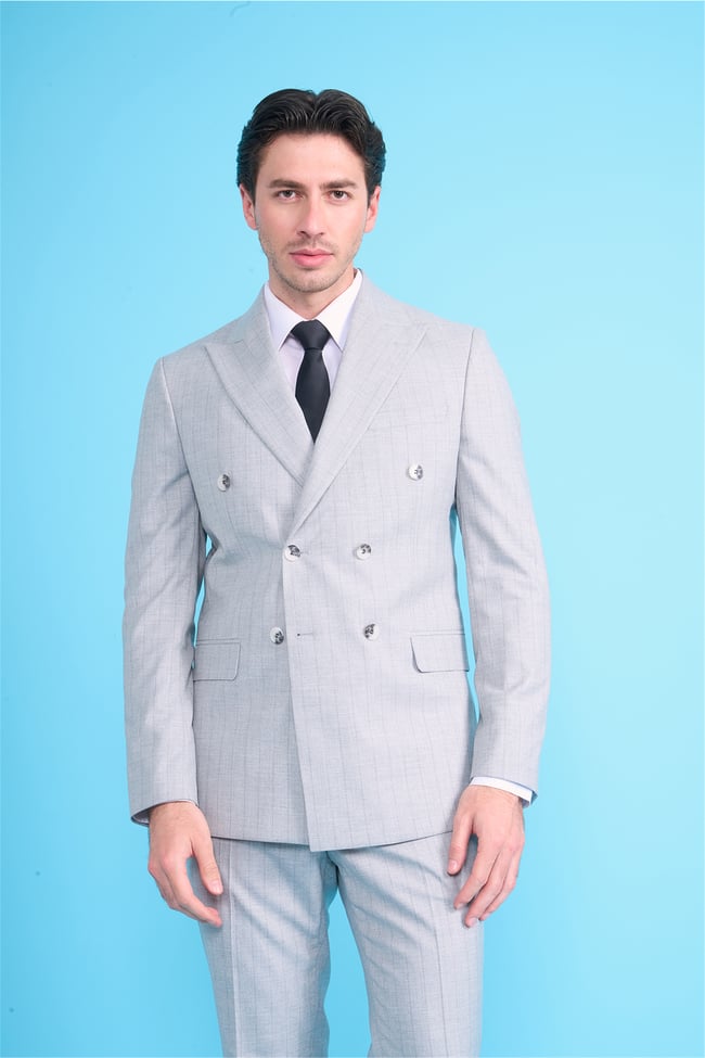 Mentality 9234 Erkek Kırlangıç Yaka Slim Fit Kruvaze Takım Elbise Açık Gri