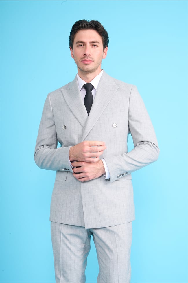 Mentality 9234 Erkek Kırlangıç Yaka Slim Fit Kruvaze Takım Elbise Açık Gri