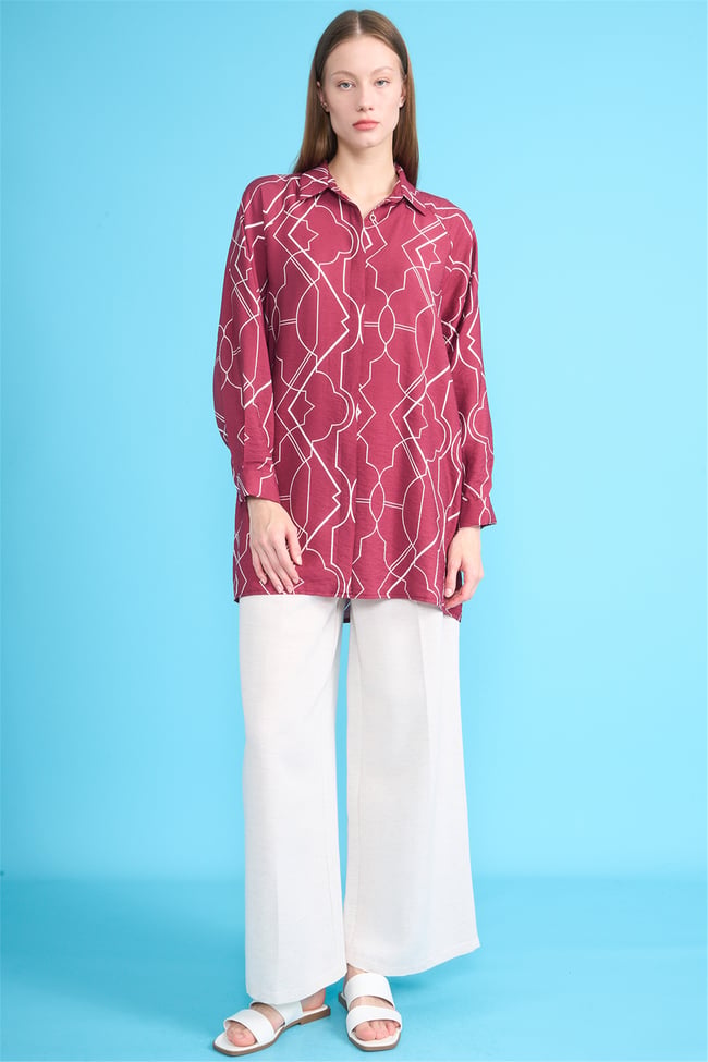 Miya Mira Modest 1644 Kadın Gömlek Yaka Uzun Kol Viskon Tunik Bordo Geometrik Desen