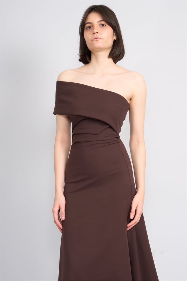 Nesil Y26 Eu3152 Kahve Kadın Tek Omuz Elbise S-Xl