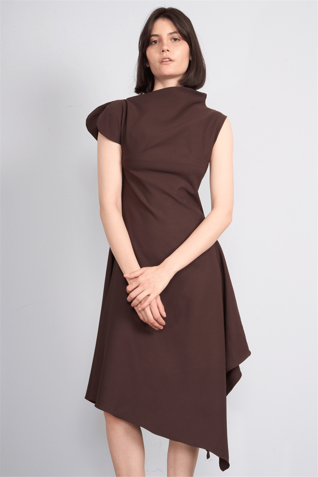 Nesil Y26 Eu3169 Kahve Kadın Asimetrik Yaka Midi Boy Elbise S-Xl