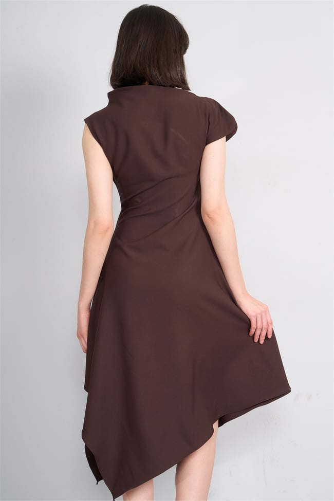 Nesil Y26 Eu3169 Kahve Kadın Asimetrik Yaka Midi Boy Elbise S-Xl