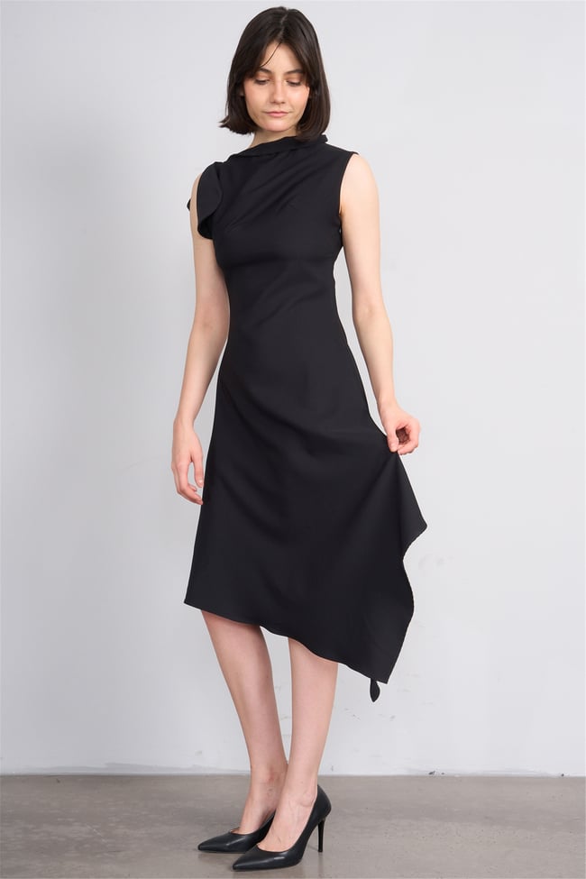 Nesil Y26 Eu3169 Siyah Kadın Asimetrik Yaka Midi Boy Elbise S-Xl