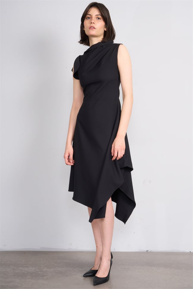 Nesil Y26 Eu3169 Siyah Kadın Asimetrik Yaka Midi Boy Elbise S-Xl
