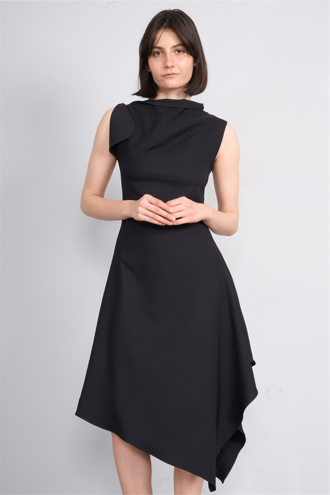 Nesil Y26 Eu3169 Siyah Kadın Asimetrik Yaka Midi Boy Elbise S-Xl