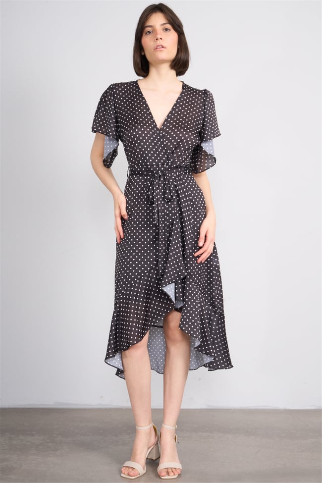 Patara Y26 26-5123 Siyah Kadın Kruvaze Volanlı Elbise S-Xl
