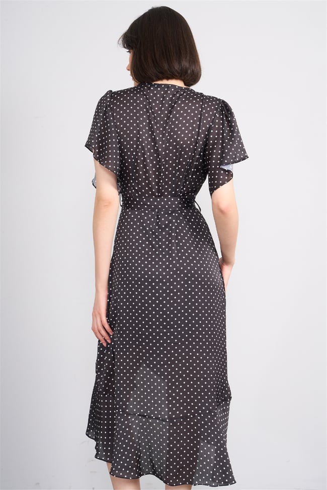 Patara Y26 26-5123 Siyah Kadın Kruvaze Volanlı Elbise S-Xl