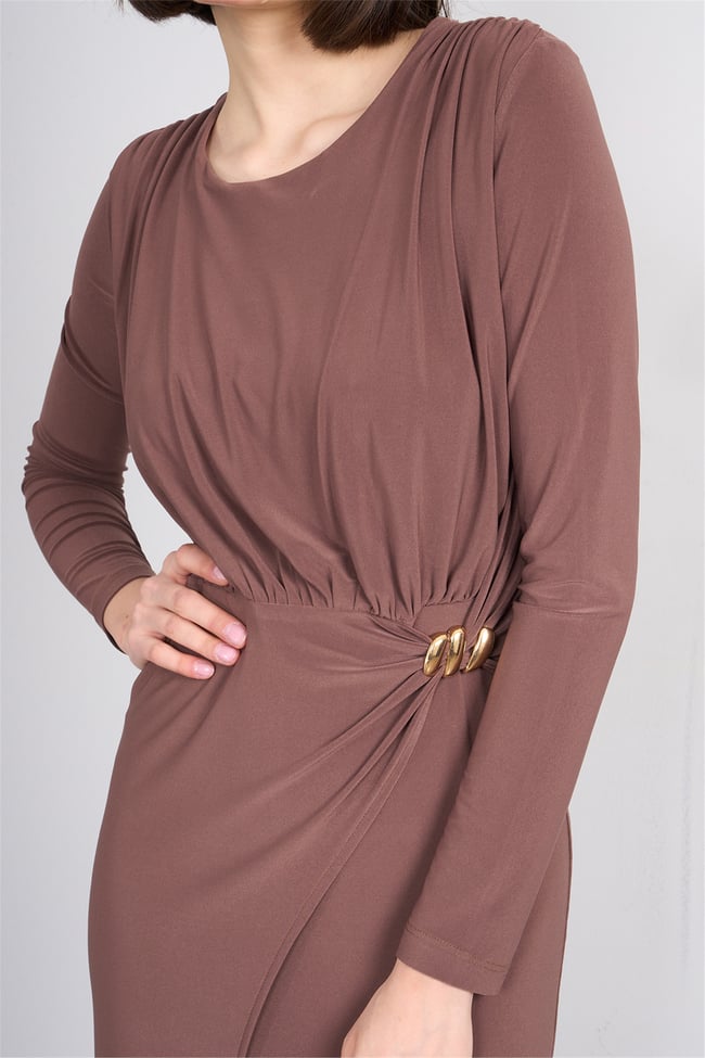 Patara Y26 5117 Kahverengi Kadın Sandy Kumaş Elbise S-Xl