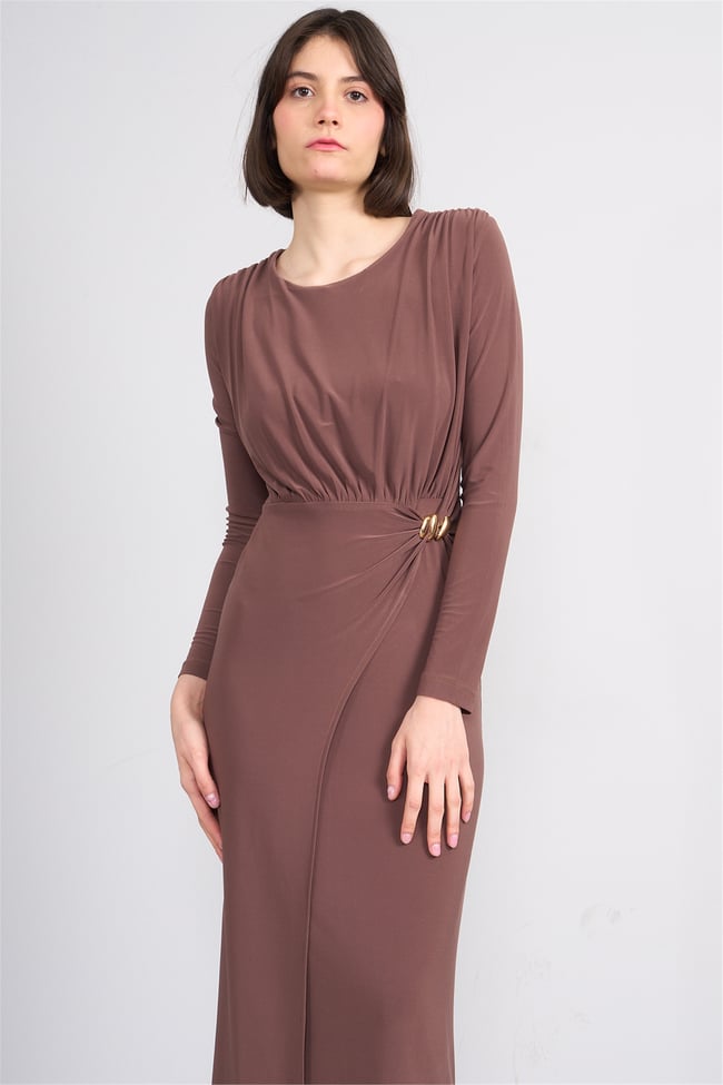 Patara Y26 5117 Kahverengi Kadın Sandy Kumaş Elbise S-Xl