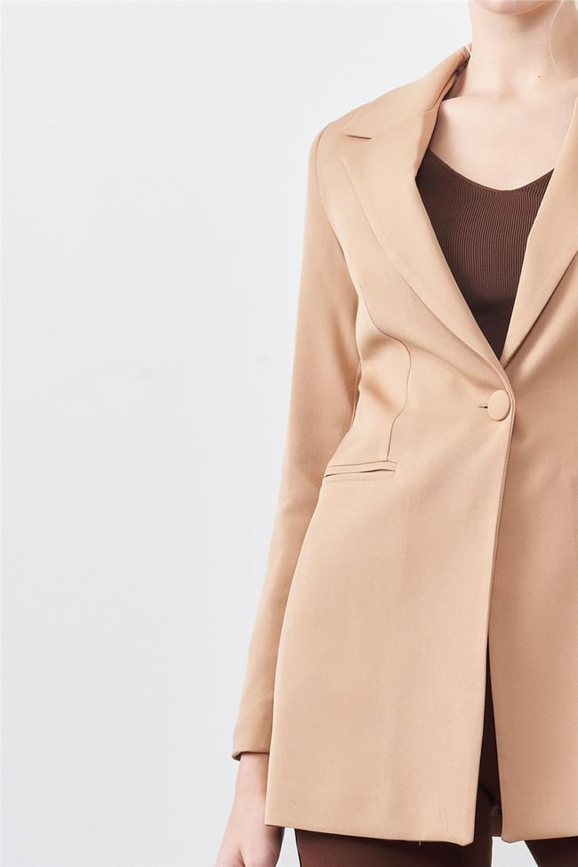 Sateen 166-6005 Camel Kadın Krep Leopar Detaylı Ceket