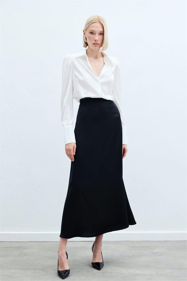Sateen Y26 1474-4004 Saten Uzun Etek Siyah