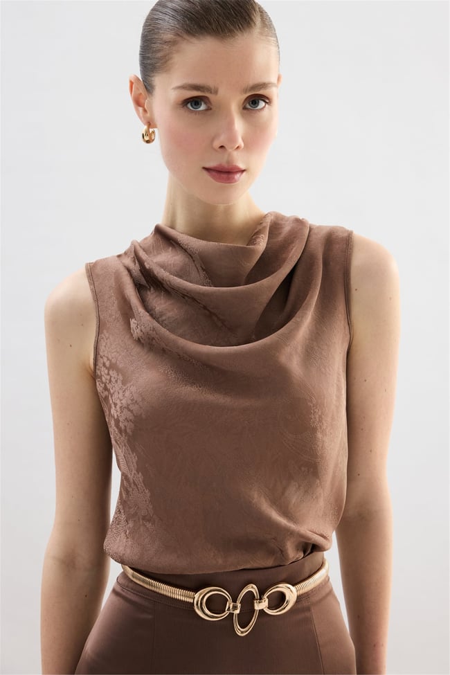 Sateen Y26 1969-1251 Degaje Yaka Jakarlı Bluz Vizon