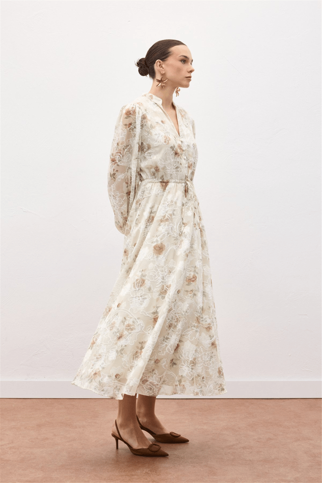 Sateen Y26 2143-3090 Nakışlı Desenli Uzun Elbise Vizon