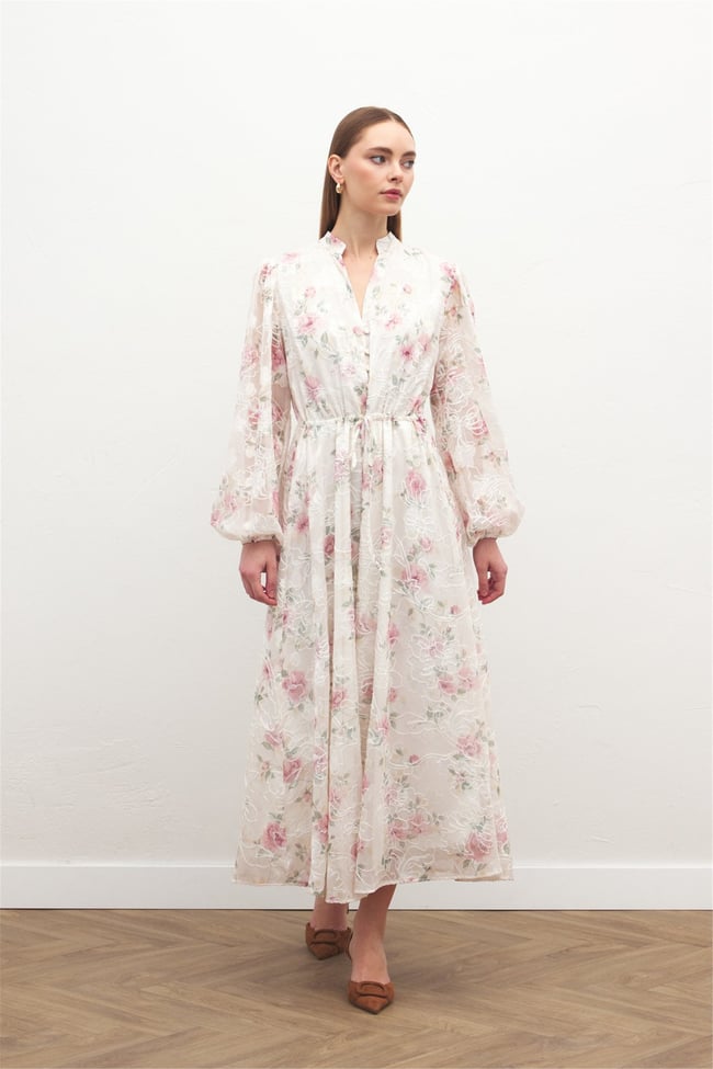 Sateen Y26 2143-3090 Nakışlı Desenli Uzun Elbise Pudra