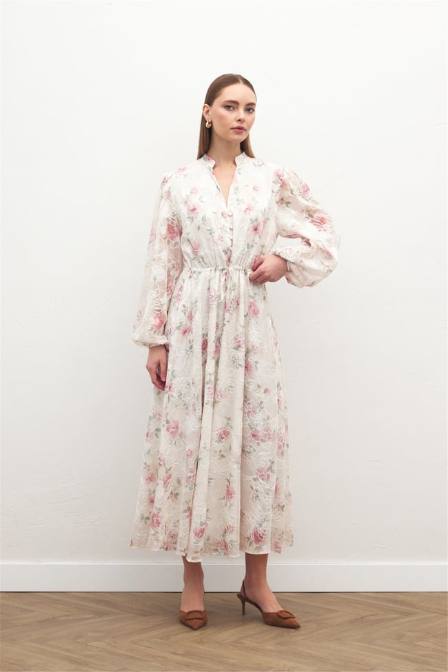 Sateen Y26 2143-3090 Nakışlı Desenli Uzun Elbise Pudra