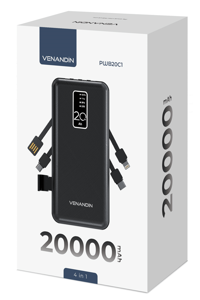 VENANDİN PWB20C1 20.000 Mah Powerbank Entegre Kablolu Dijital Göstergeli Taşınabilir Şarj Cihazı