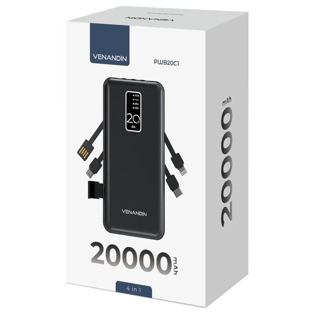 VENANDİN PWB20C1 20.000 Mah Powerbank Entegre Kablolu Dijital Göstergeli Taşınabilir Şarj Cihazı