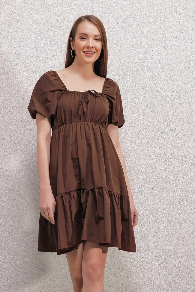 Bigdart 2351 Kahverengi Kadın Poplin Mini Elbise