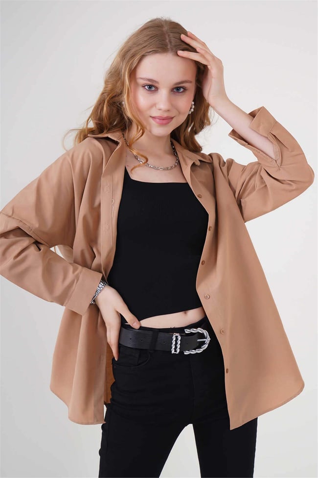 Bıgdart Y25 3900 Camel Kadın Oversıze Uzun Basıc Gomlek