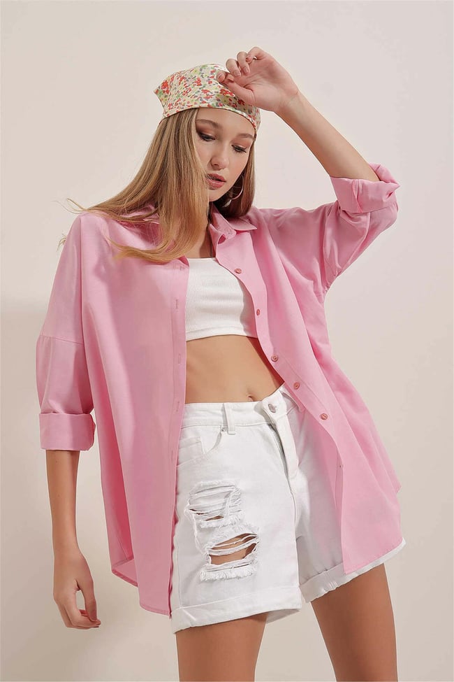 Bıgdart Y25 3900 Pembe Kadın Oversıze Uzun Basıc Gomlek