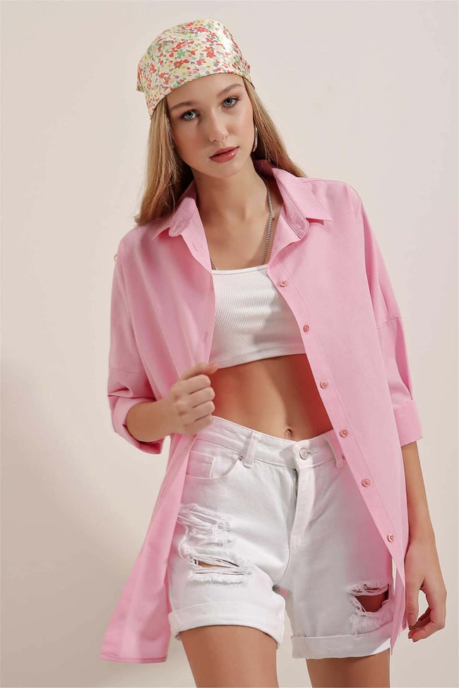 Bıgdart Y25 3900 Pembe Kadın Oversıze Uzun Basıc Gomlek