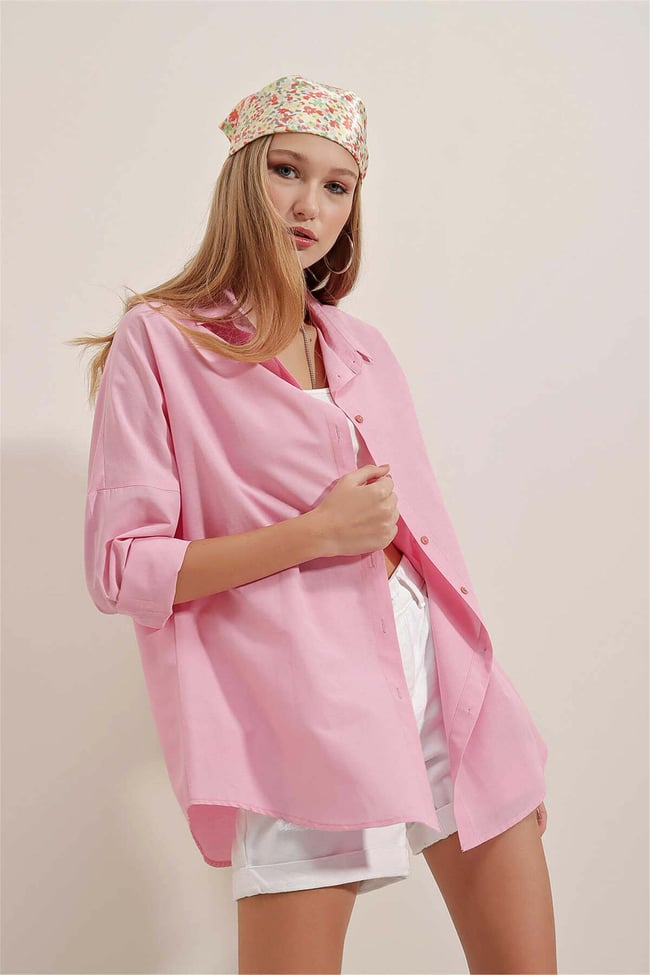 Bıgdart Y25 3900 Pembe Kadın Oversıze Uzun Basıc Gomlek