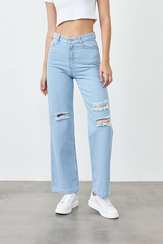 Blue Turtle 1001 Buz Mavi Kadın Duz Palazzo Bol Paca Pantolon Denim