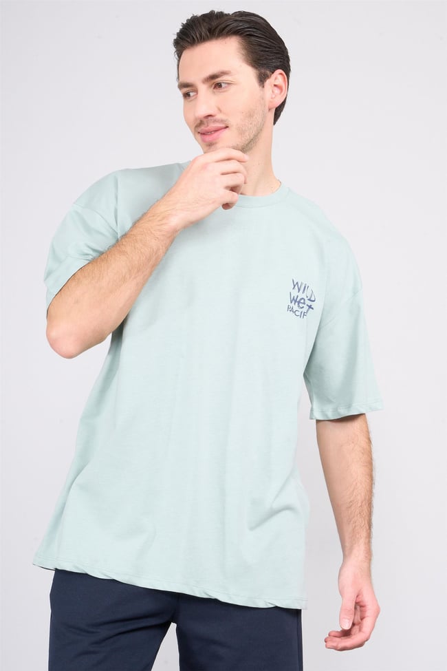 Çetinkaya Chester Polo 3842 Bisiklet Yaka 30/1 Penye Oversize Baskılı T-shirt Koyu Çağla