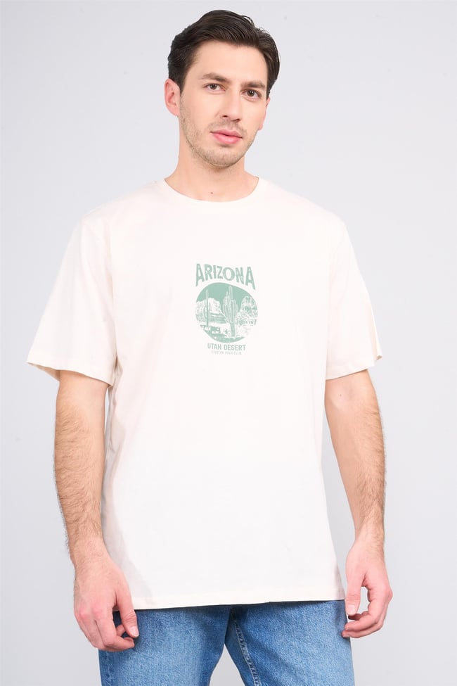 Çetinkaya Chester Polo 3850 Bisiklet Yaka 30/1 Penye Regular Baskılı T-shirt Koyu Krem
