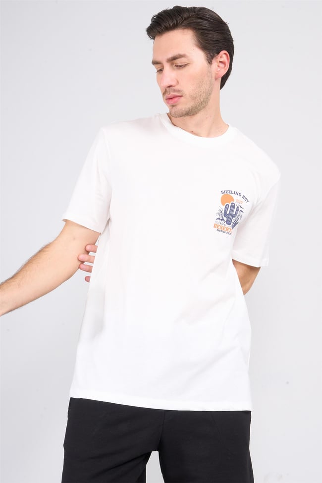 Çetinkaya Chester Polo 3853 Bisiklet Yaka 30/1 Penye Comfort Baskılı T-shirt Krem