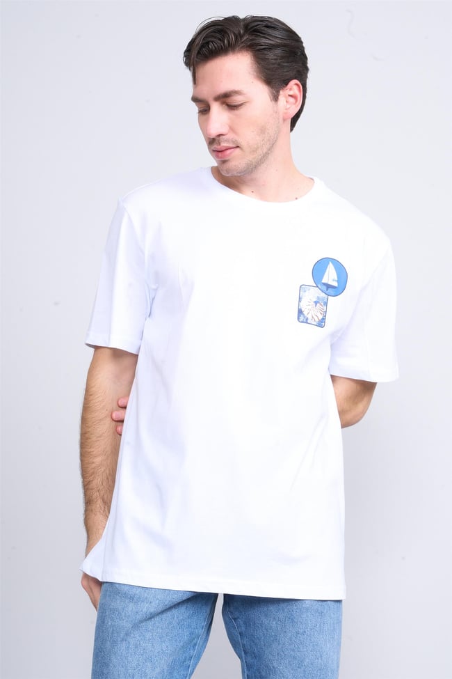 Çetinkaya Chester Polo 3858 Bisiklet Yaka 30/1 Penye Regular Baskılı T-shirt Beyaz