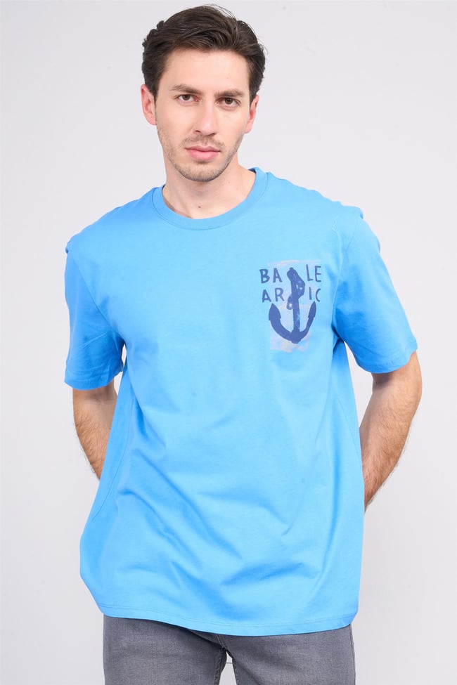 Çetinkaya Chester Polo 3859 Bisiklet Yaka 30/1 Penye Regular Baskılı T-shirt Mavi